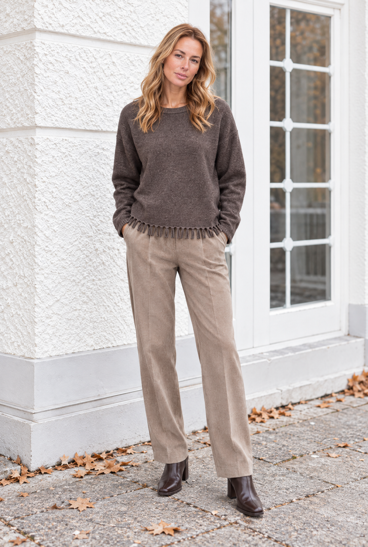 Damen Strickpullover Braun Fransen Rundhals Kaschmir Herbst Winter Baumwolle