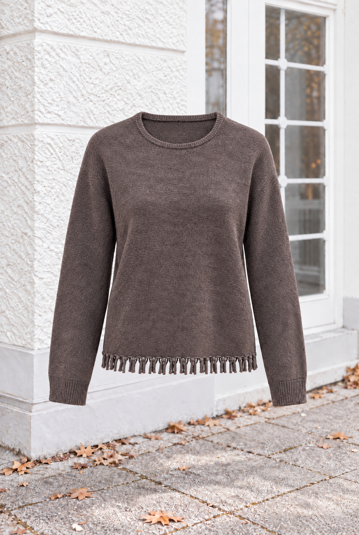 Damen Strickpullover Braun Fransen Rundhals Kaschmir Herbst Winter Baumwolle