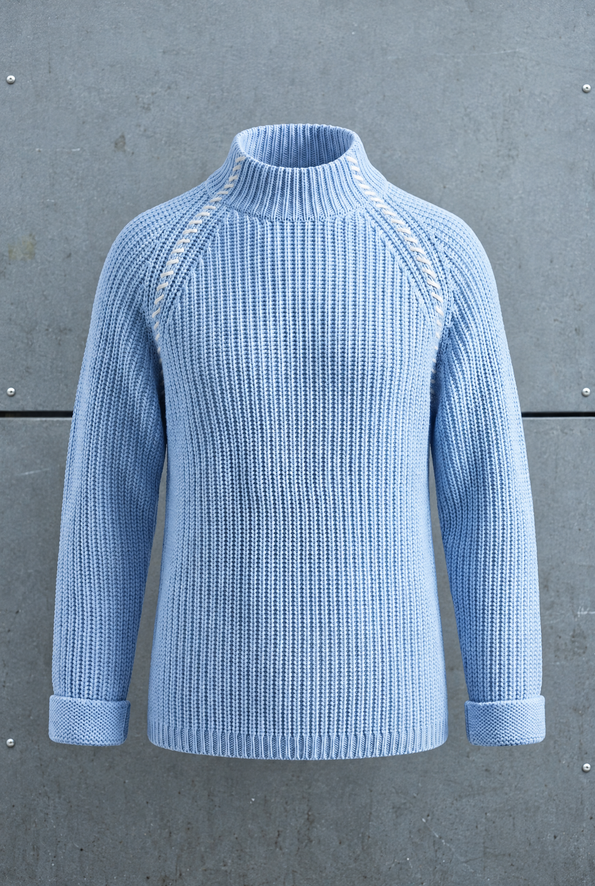 Damen Stehkragenpullover Hellblau Rippstrick Baumwolle Herbst Winter Strick