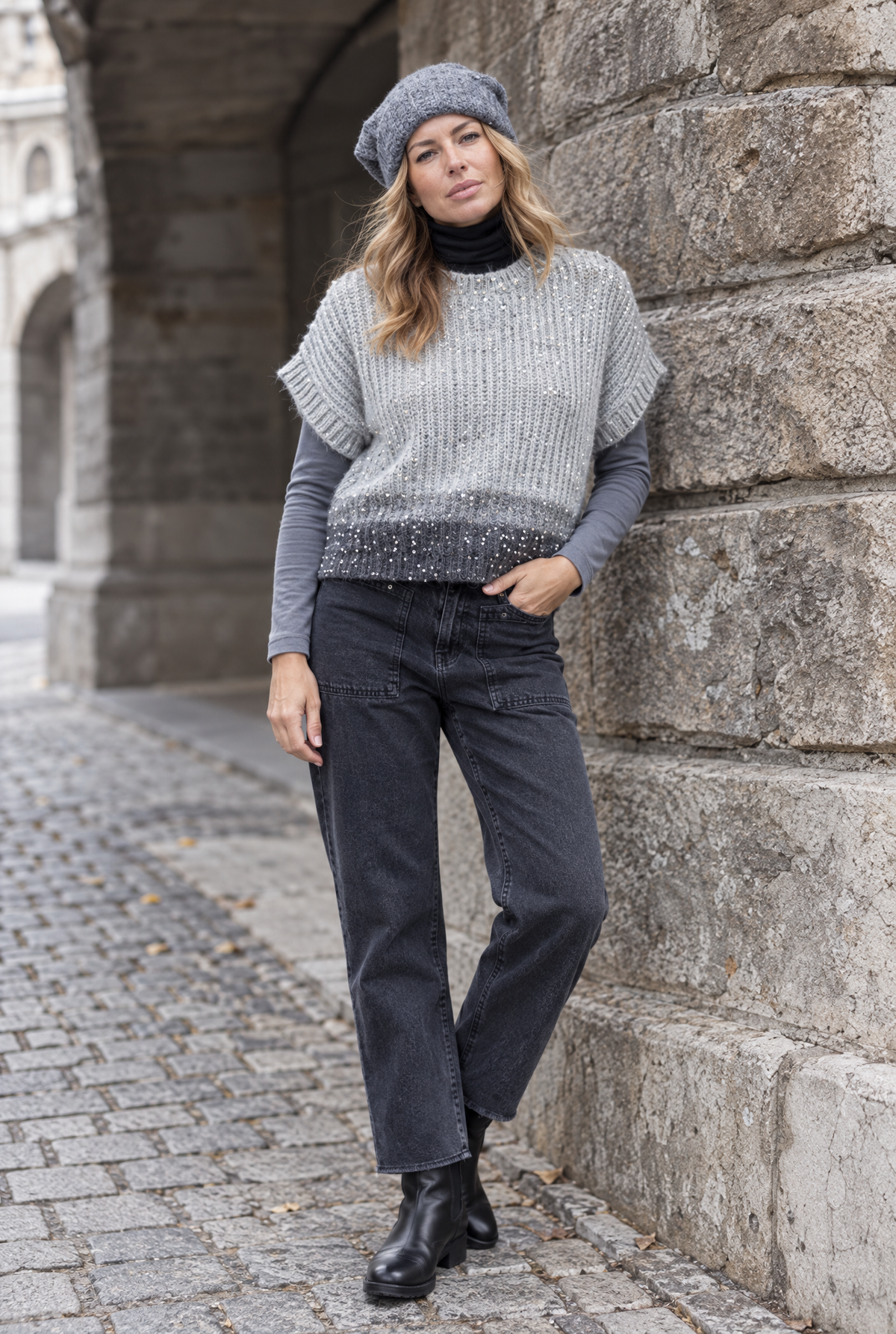 Damen Strickpullunder Grau Pailletten Rundhals Alpaka Wolle Herbst Winter Look
