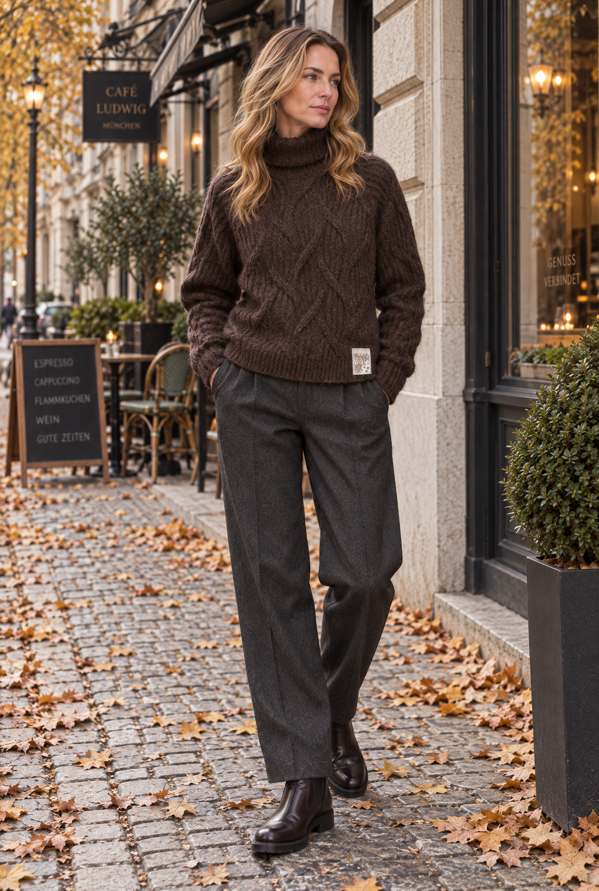Damen Rollkragenpullover Braun Zopfmuster Alpaka Wolle Badge Herbst Winter Strick