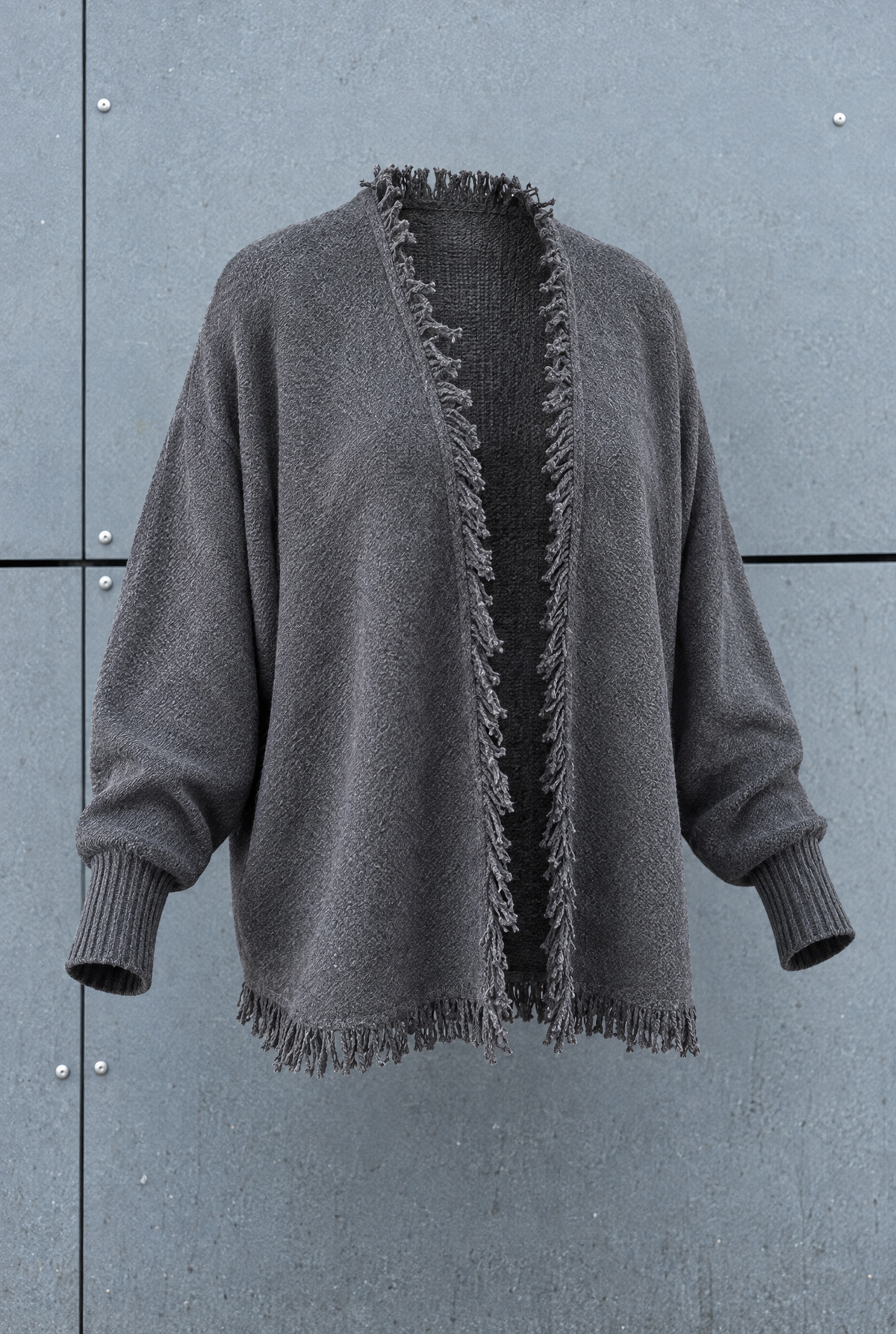 Damen Strickjacke Anthrazit Fransen Cardigan Baumwolle Herbst Winter Oversize
