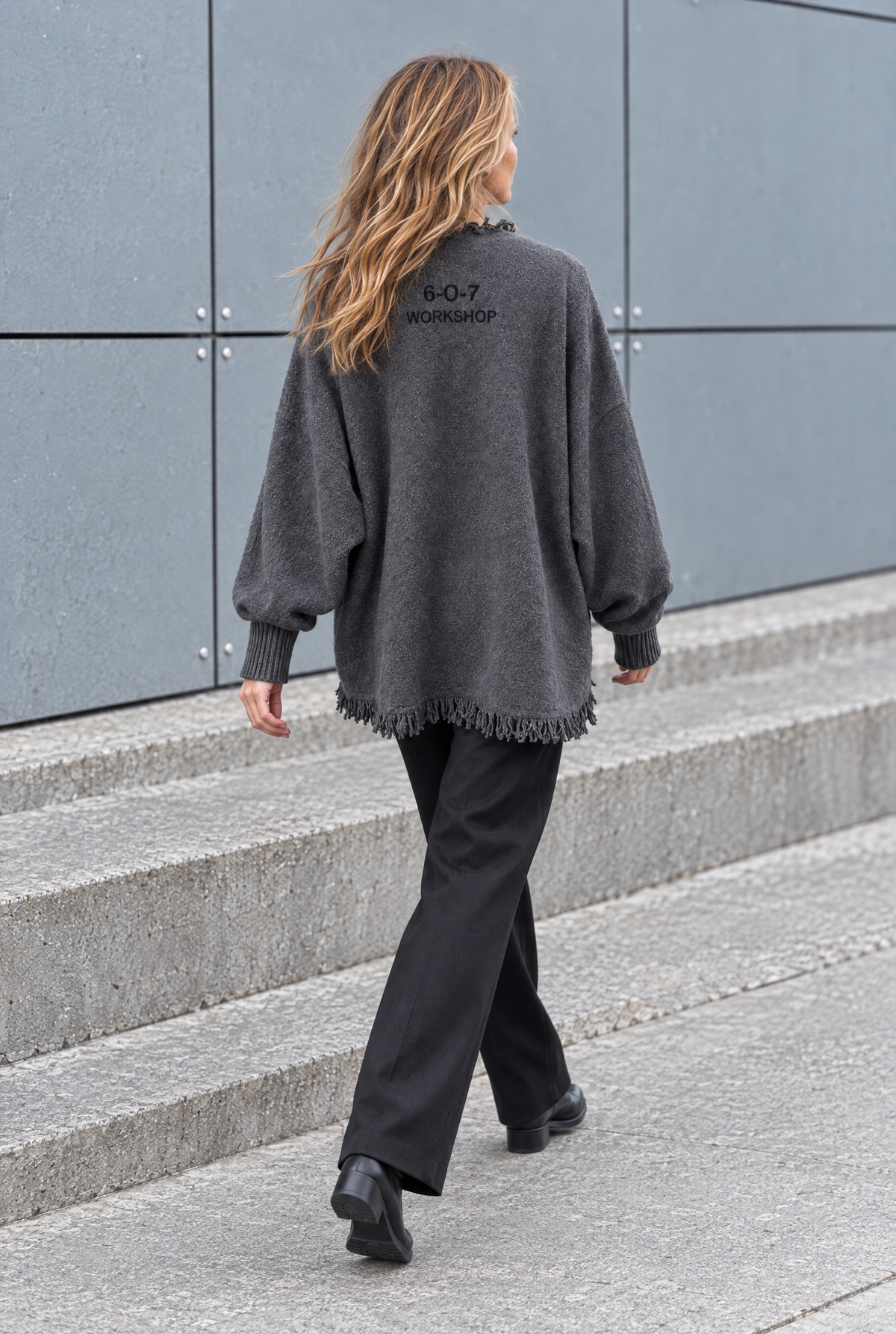 Damen Strickjacke Anthrazit Fransen Cardigan Baumwolle Herbst Winter Oversize