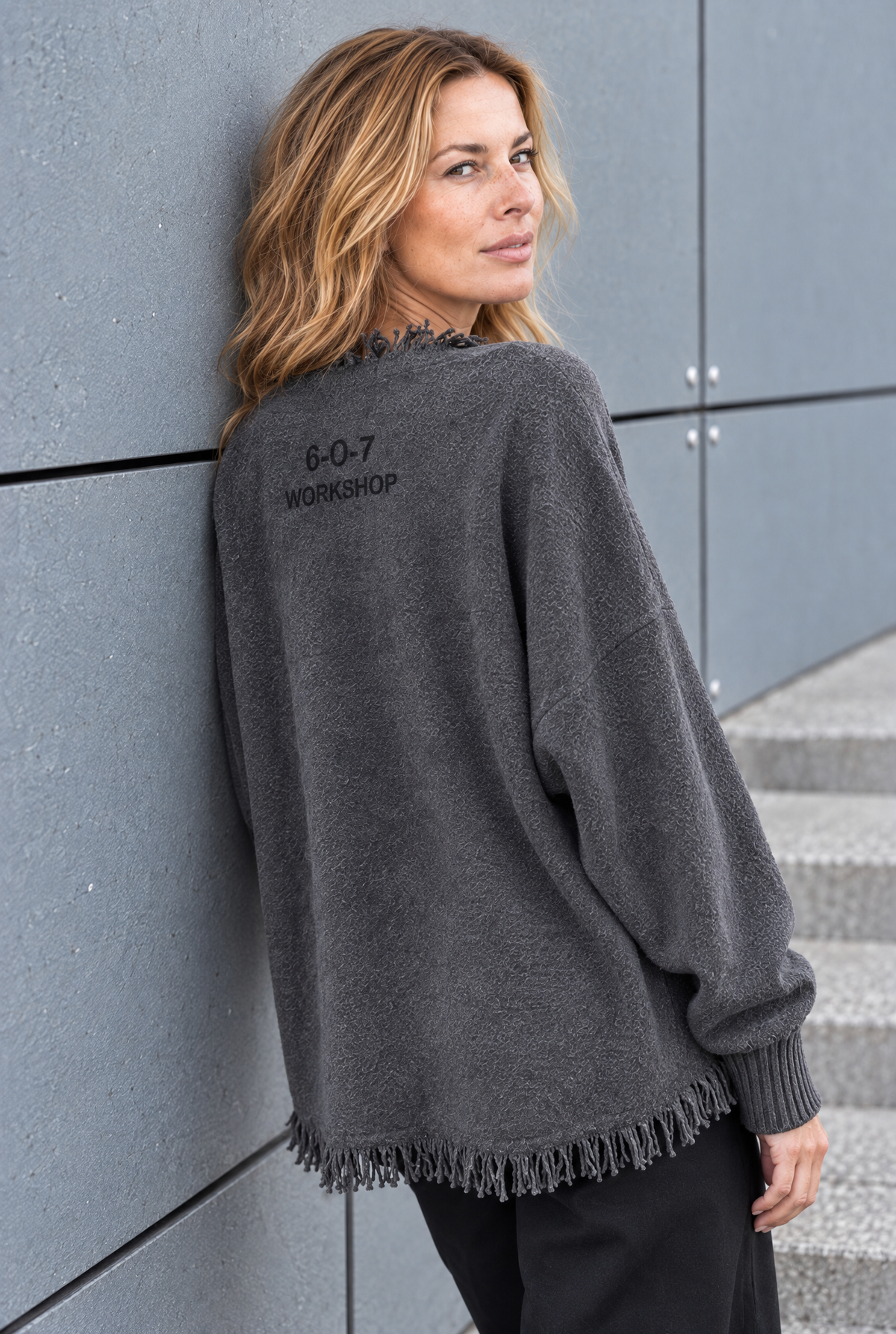 Damen Strickjacke Anthrazit Fransen Cardigan Baumwolle Herbst Winter Oversize