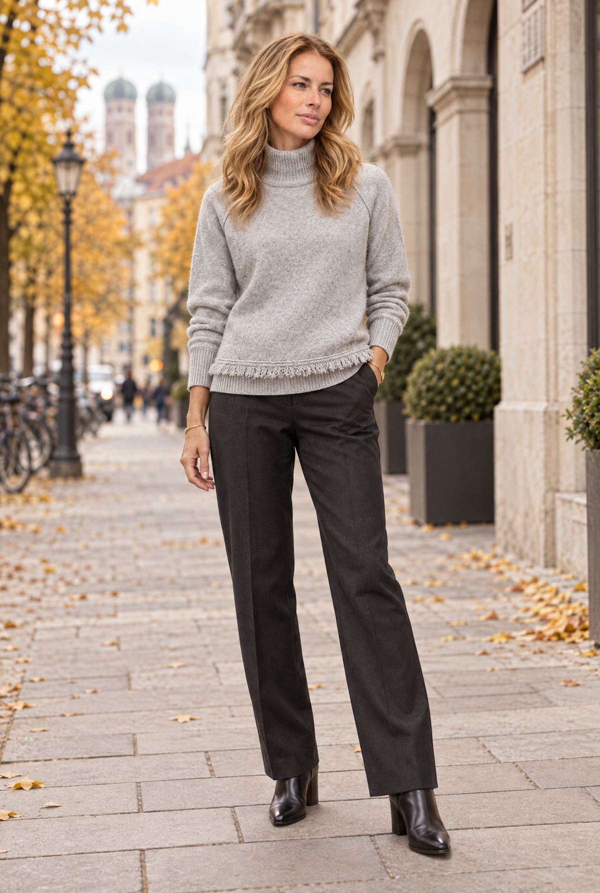 Damen Rollkragenpullover Grau Fransen Baumwolle Strick Herbst Winter Damenmode