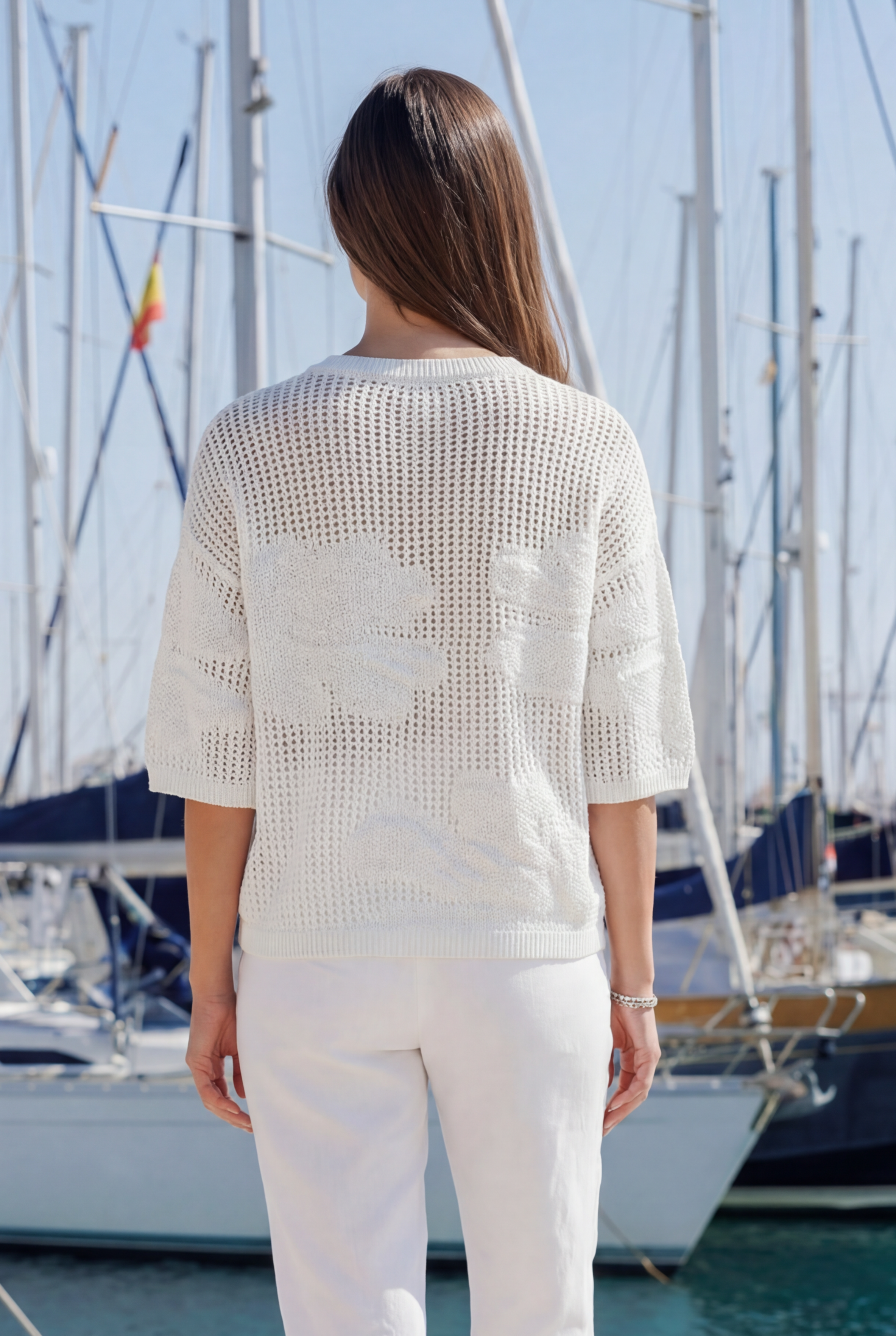 Lockerer Damen Strickpullover mit Papiergarn und Blumenmuster Sommer