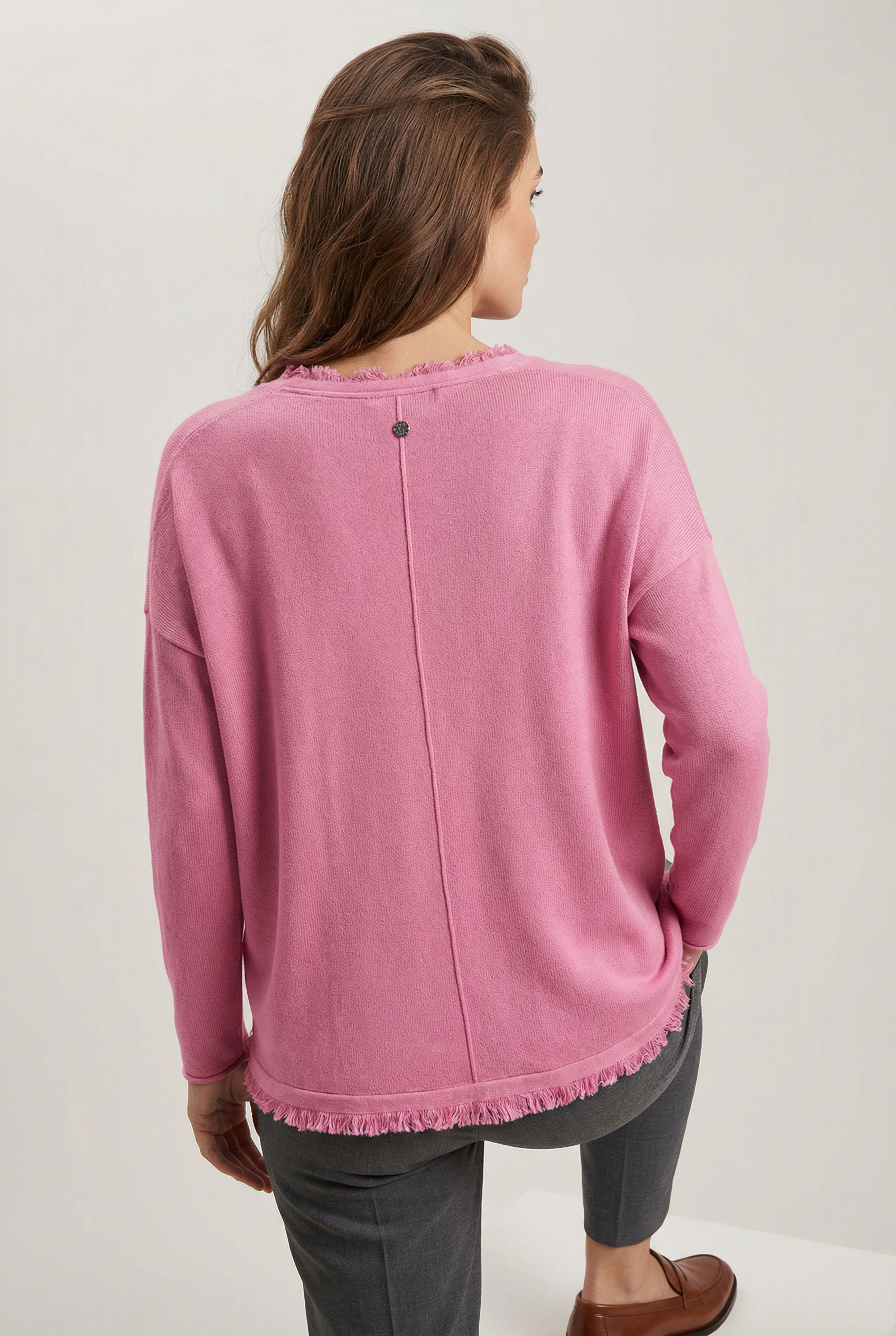 Damen Lockerer Boho Pullover mit V-Ausschnitt & Fransen Rosa Zaubermond
