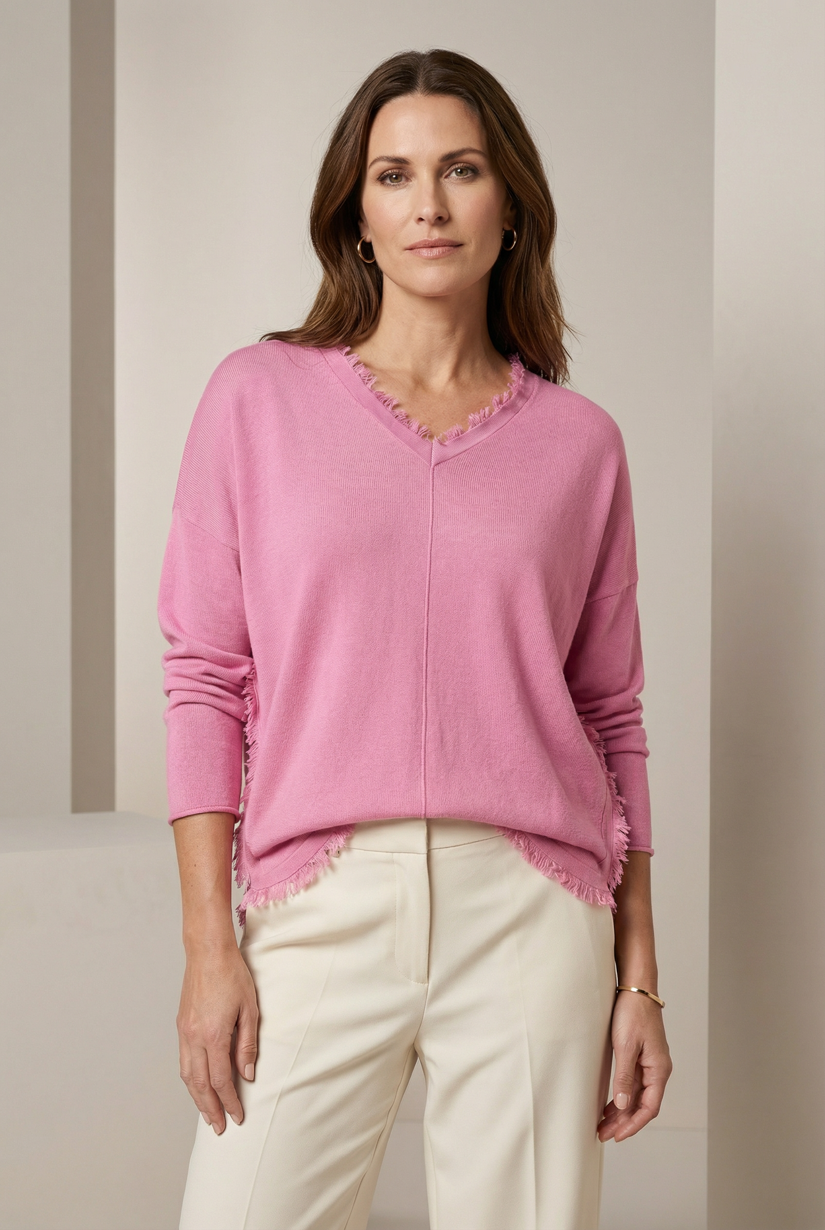 Damen Lockerer Boho Pullover mit V-Ausschnitt & Fransen Rosa Zaubermond