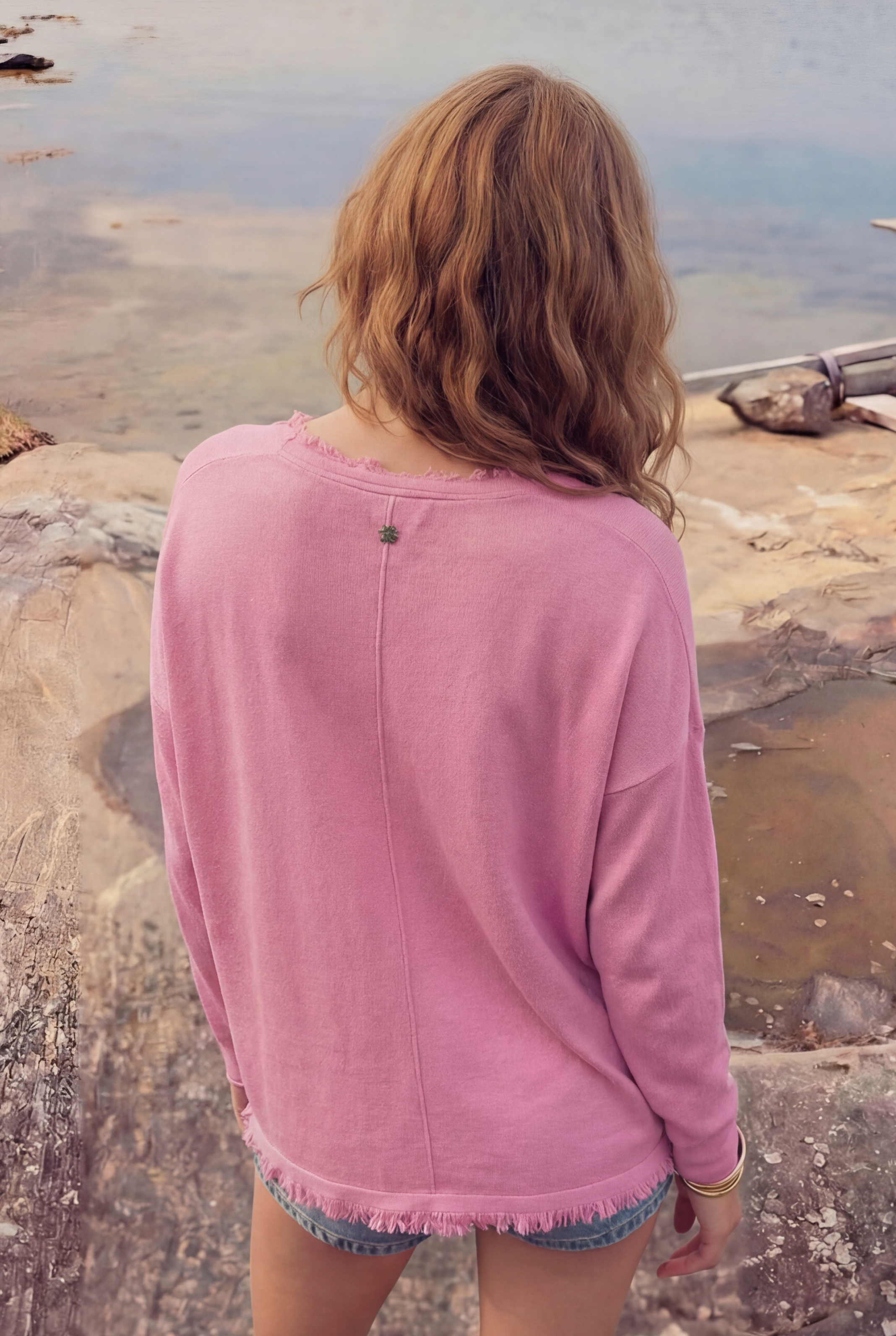 Damen Lockerer Boho Pullover mit V-Ausschnitt & Fransen Rosa