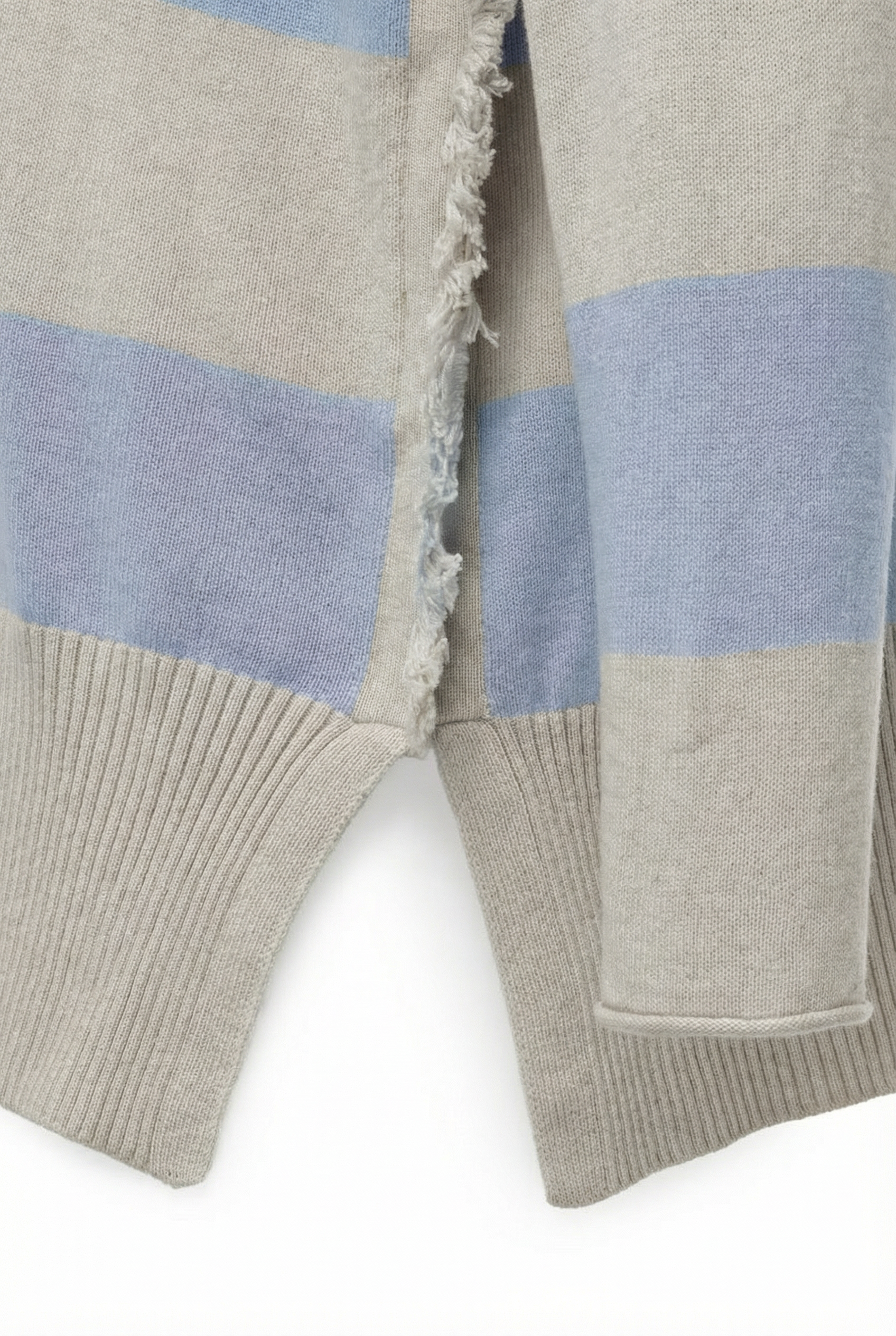 Boho Loose Pullover mit V-Ausschnitt, Blockstreifen & Fransen Blau-Grau