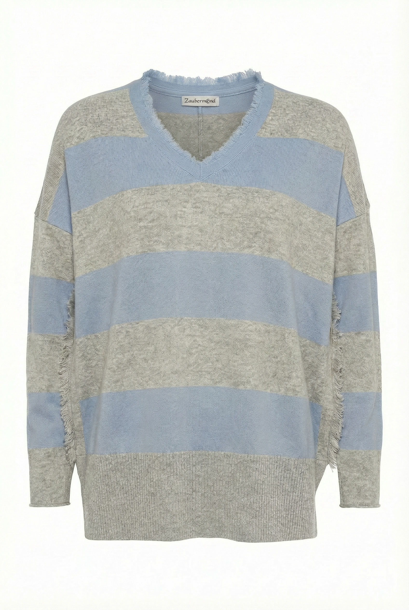 Boho Loose Pullover mit V-Ausschnitt, Blockstreifen & Fransen Blau-Grau