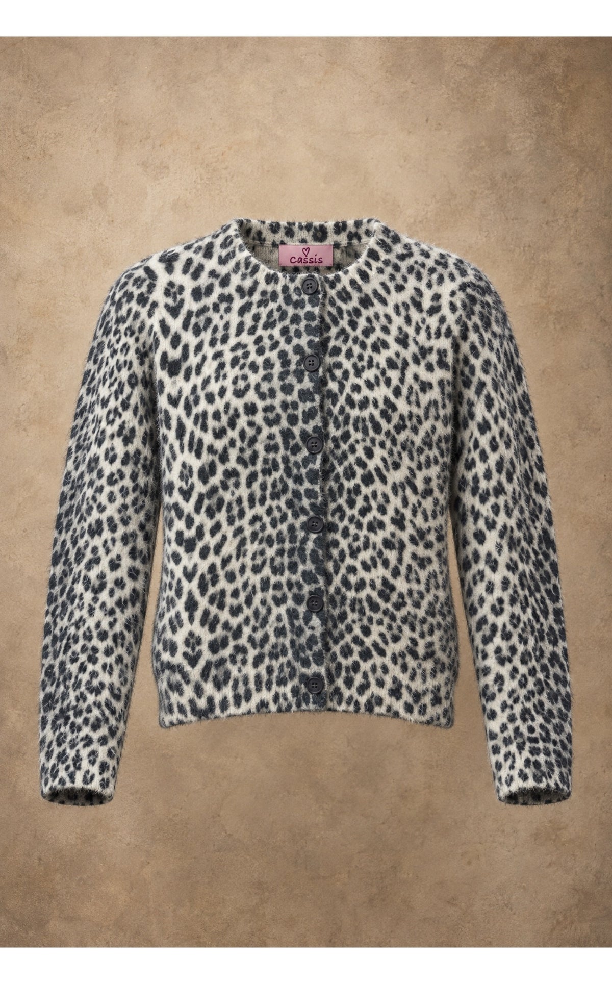 Damen Strickjacke Leo-Muster Off-White Rundhals Knopfleiste Herbst Winter Look