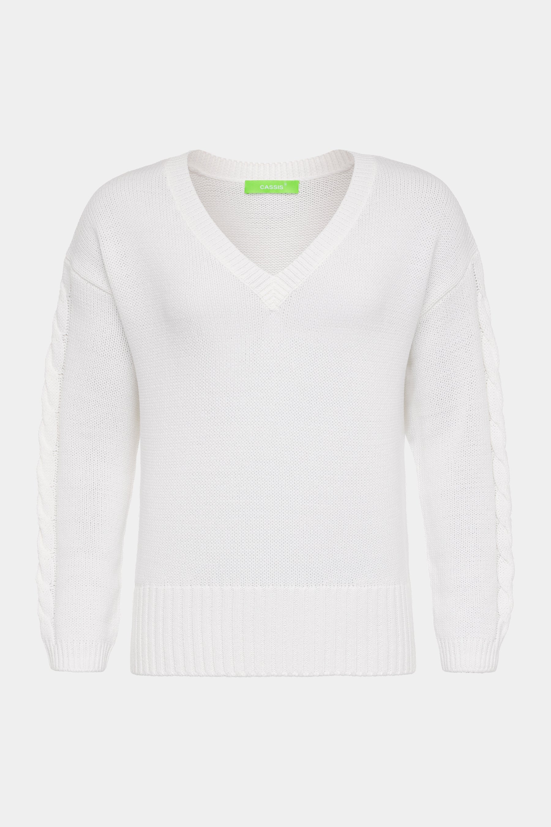CASSIS Damenpullover White – V-Ausschnitt & Zopfmuster an den Ärmeln