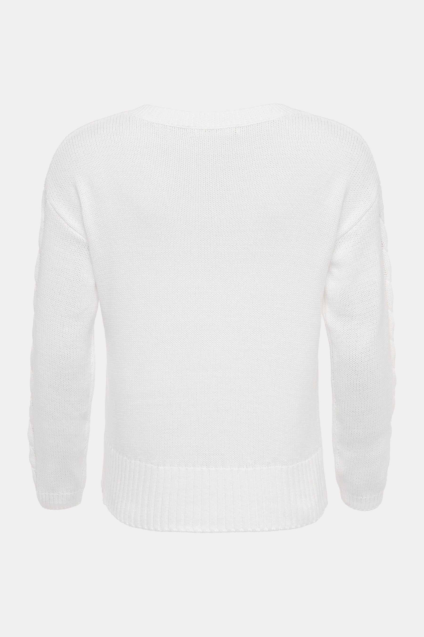 CASSIS Damenpullover White – V-Ausschnitt & Zopfmuster an den Ärmeln