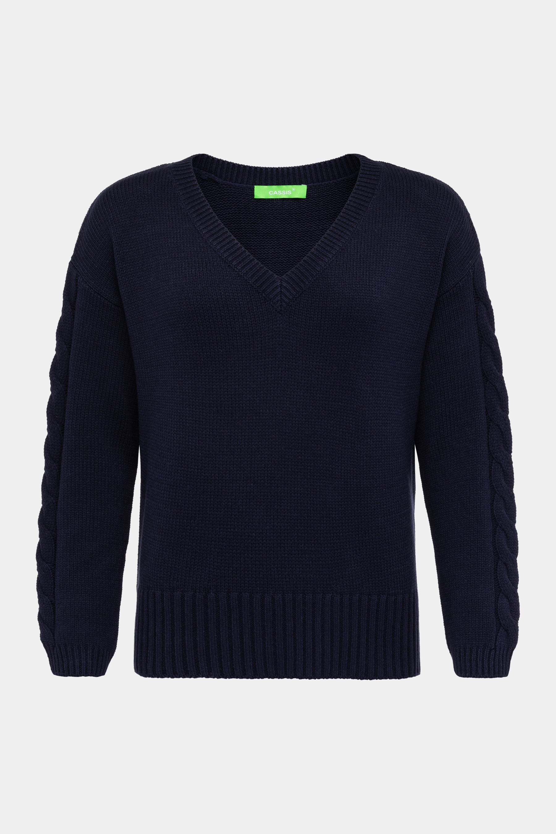 CASSIS Damenpullover Navy – V-Ausschnitt & Zopfmuster an den Ärmeln