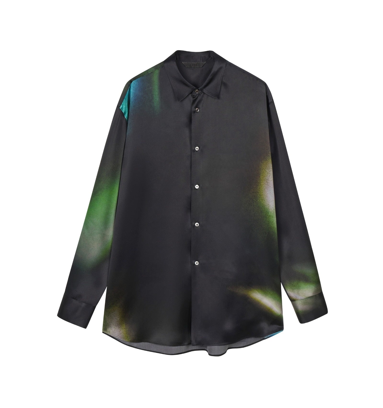 Damen Oversize Bluse mit Perlmutt-Knöpfen & Space Print Schwarz LESS