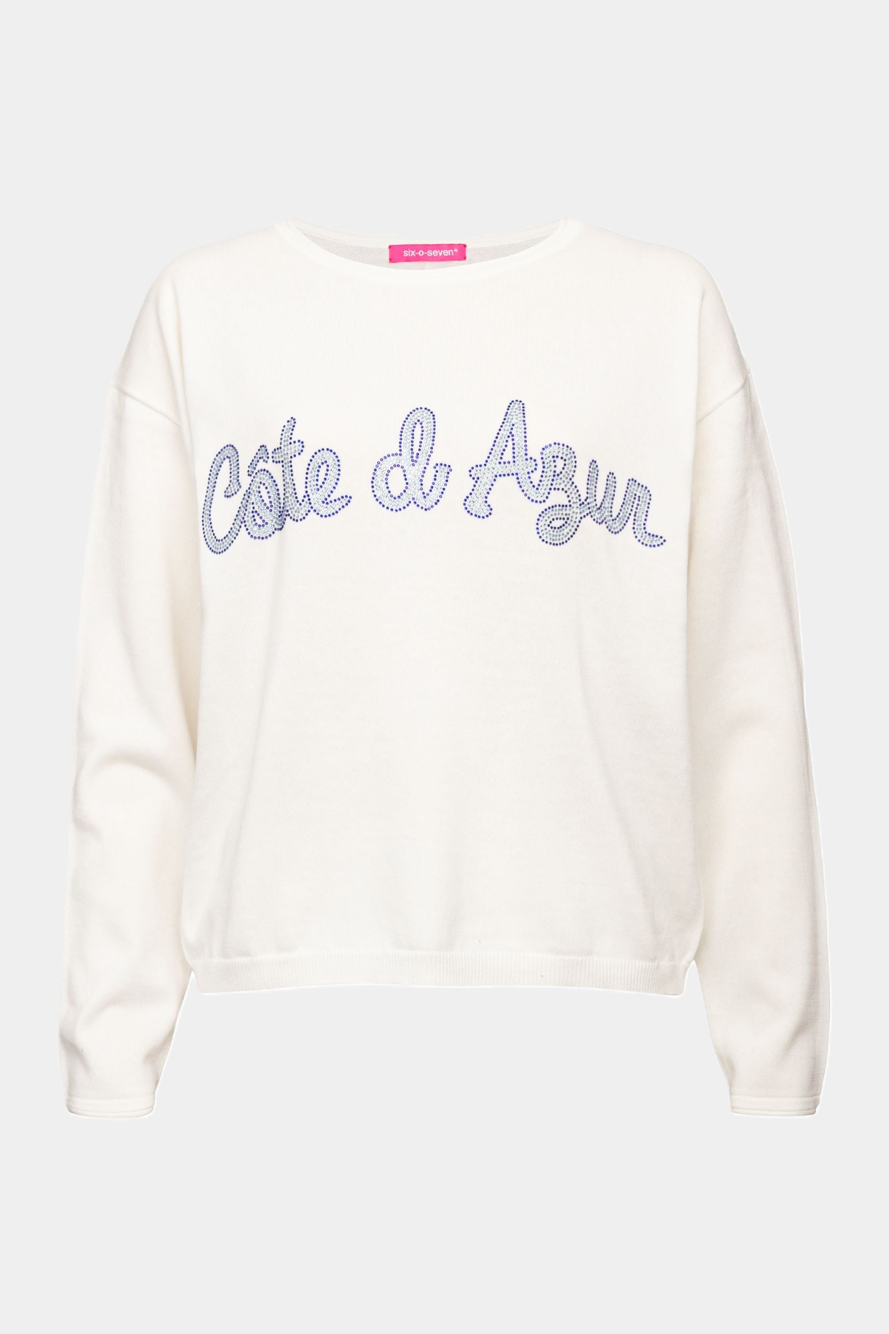 Gebreide trui met opschrift "Côte d’Azur" van blauwe strass-steentjes OFF WHITE