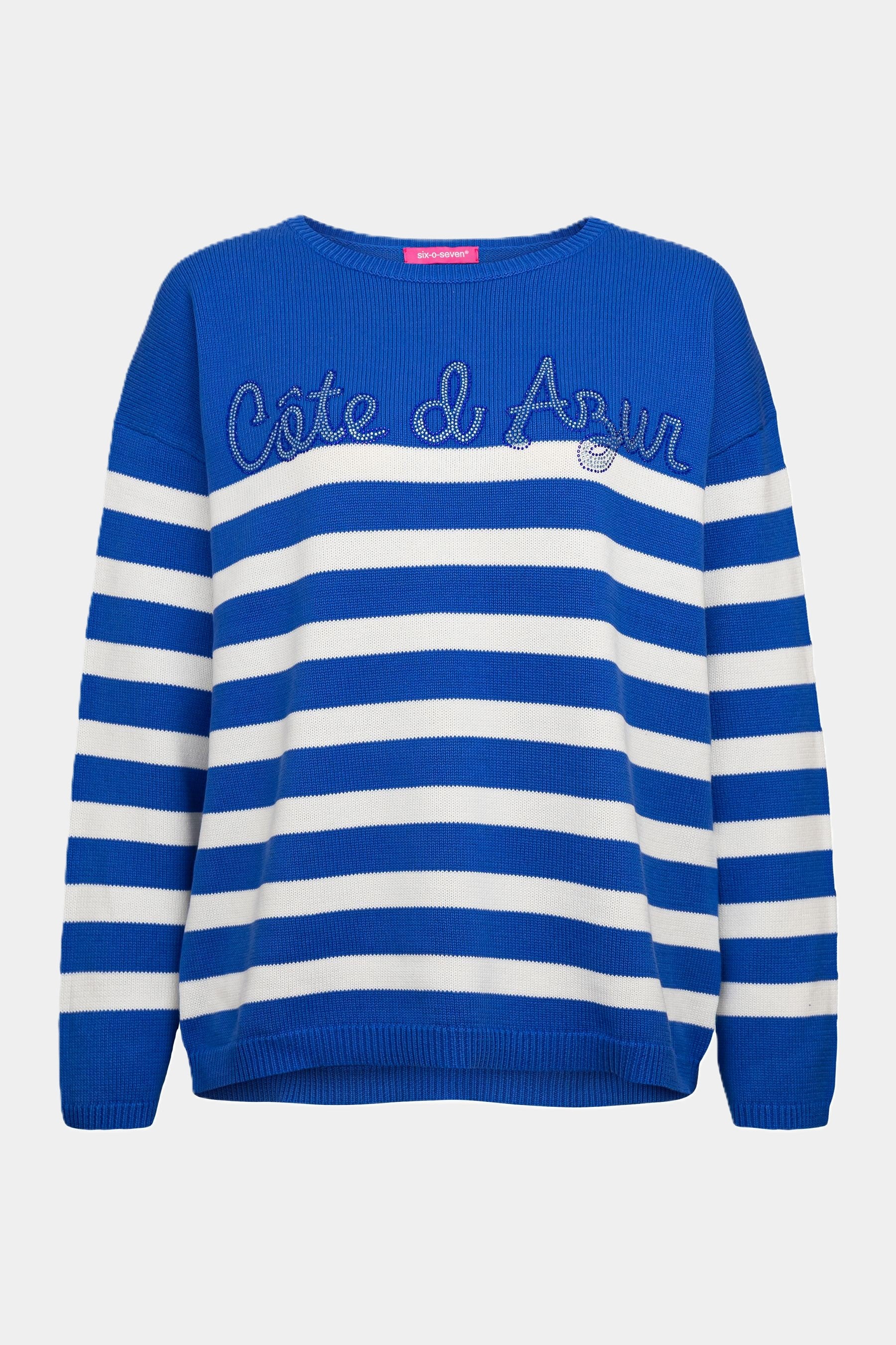 Gebreide trui met opschrift „Côte d’Azur“ van blauwe strass-steentjes FRENCH BLUE
