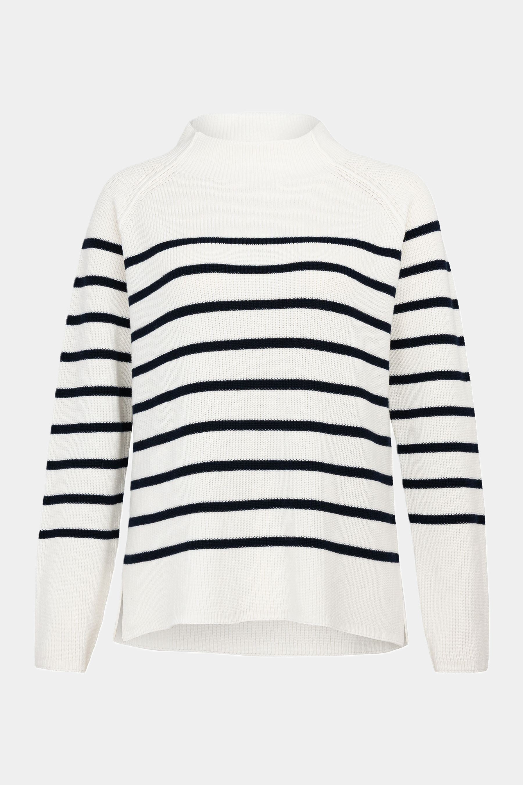 Gestreepte gebreide trui met lichte opstaande kraag OFF WHITE