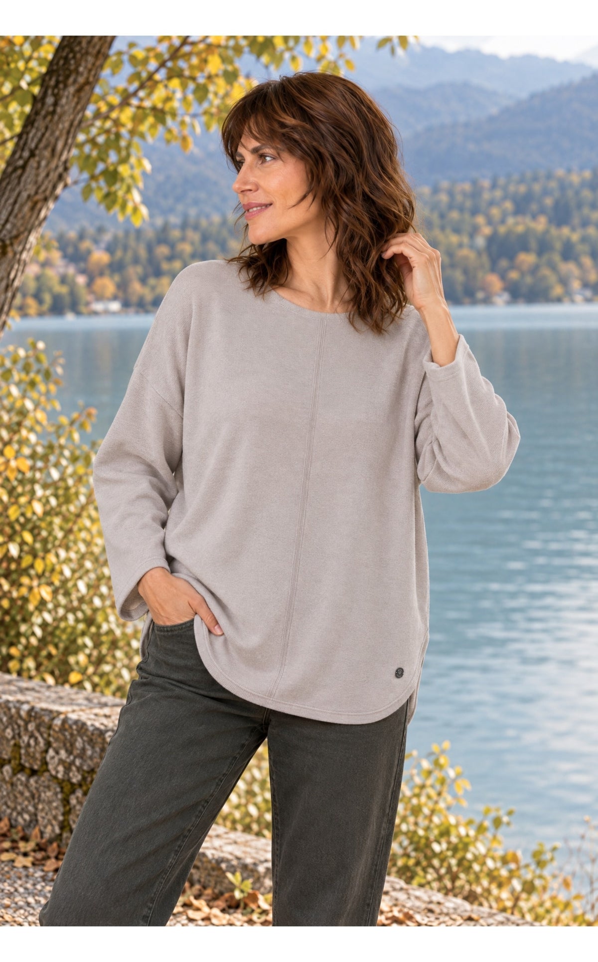 Damen Pullover Beige Feinstrick Rundhals Oversize Kaschmir Wolle Herbst Winter