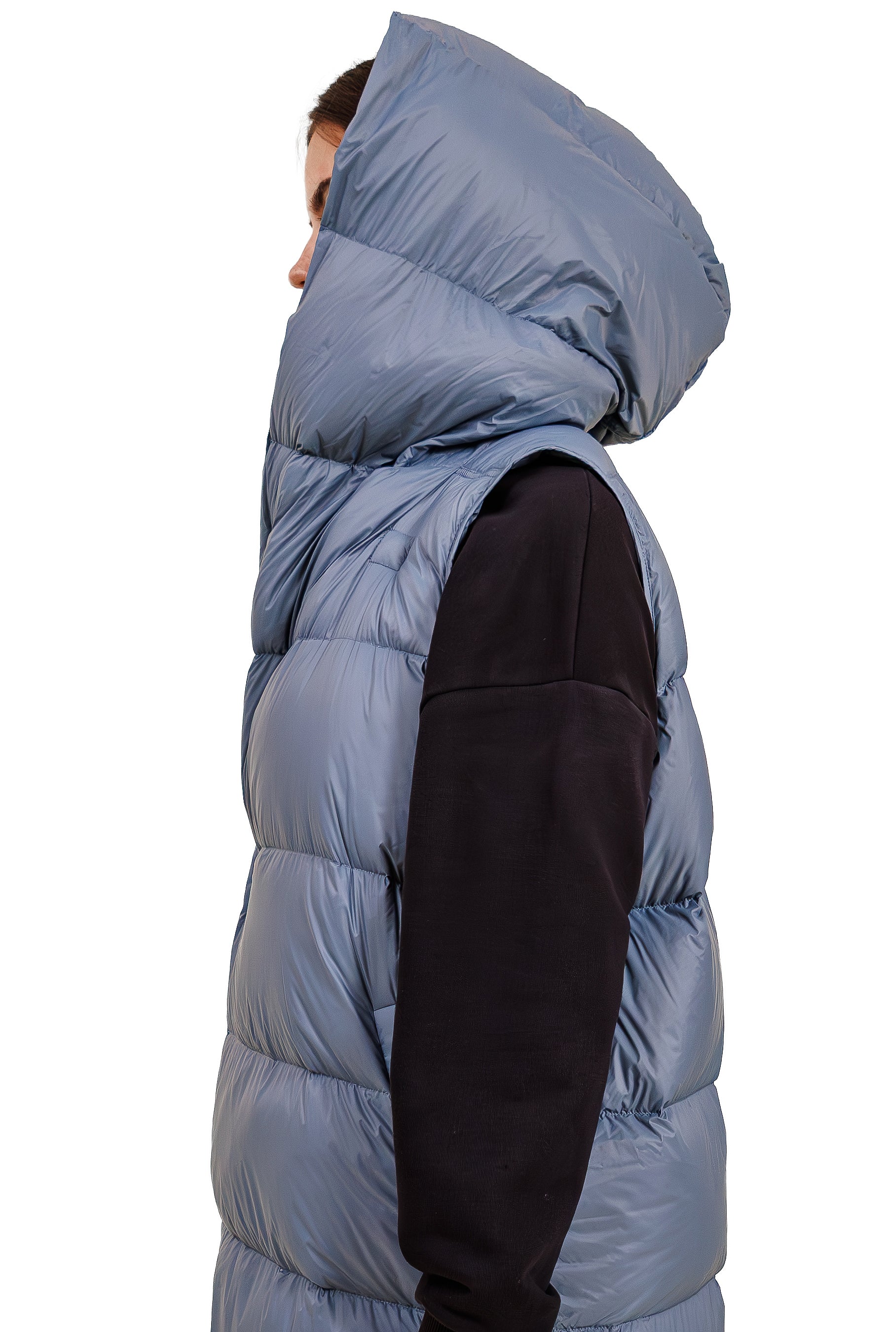 Leichte Damen Daunenweste mit Kapuze, lange Steppweste für Frühling & Herbst – Skyblue