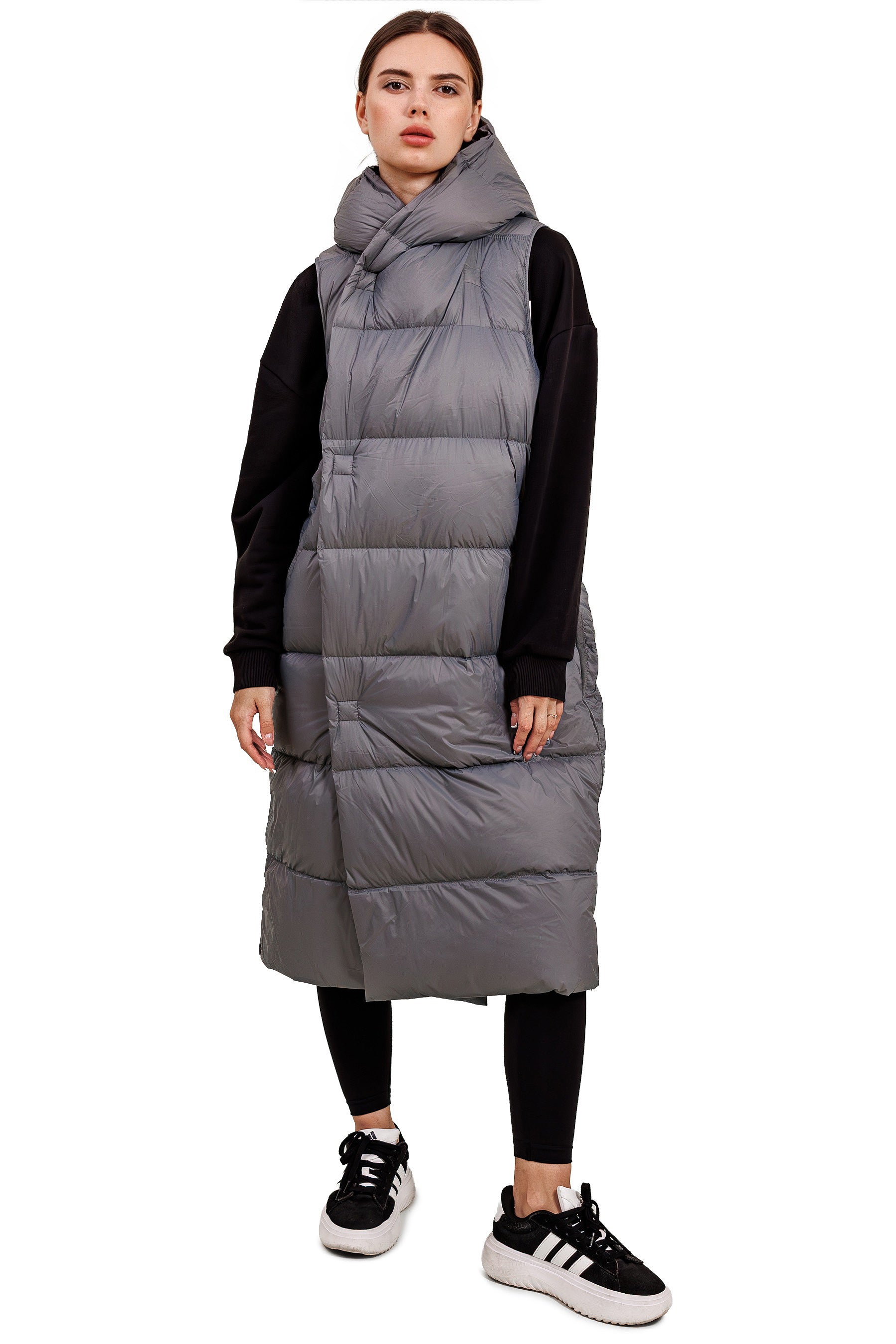 Leichte Damen Daunenweste mit Kapuze, lange Steppweste für Frühling & Herbst – Grey