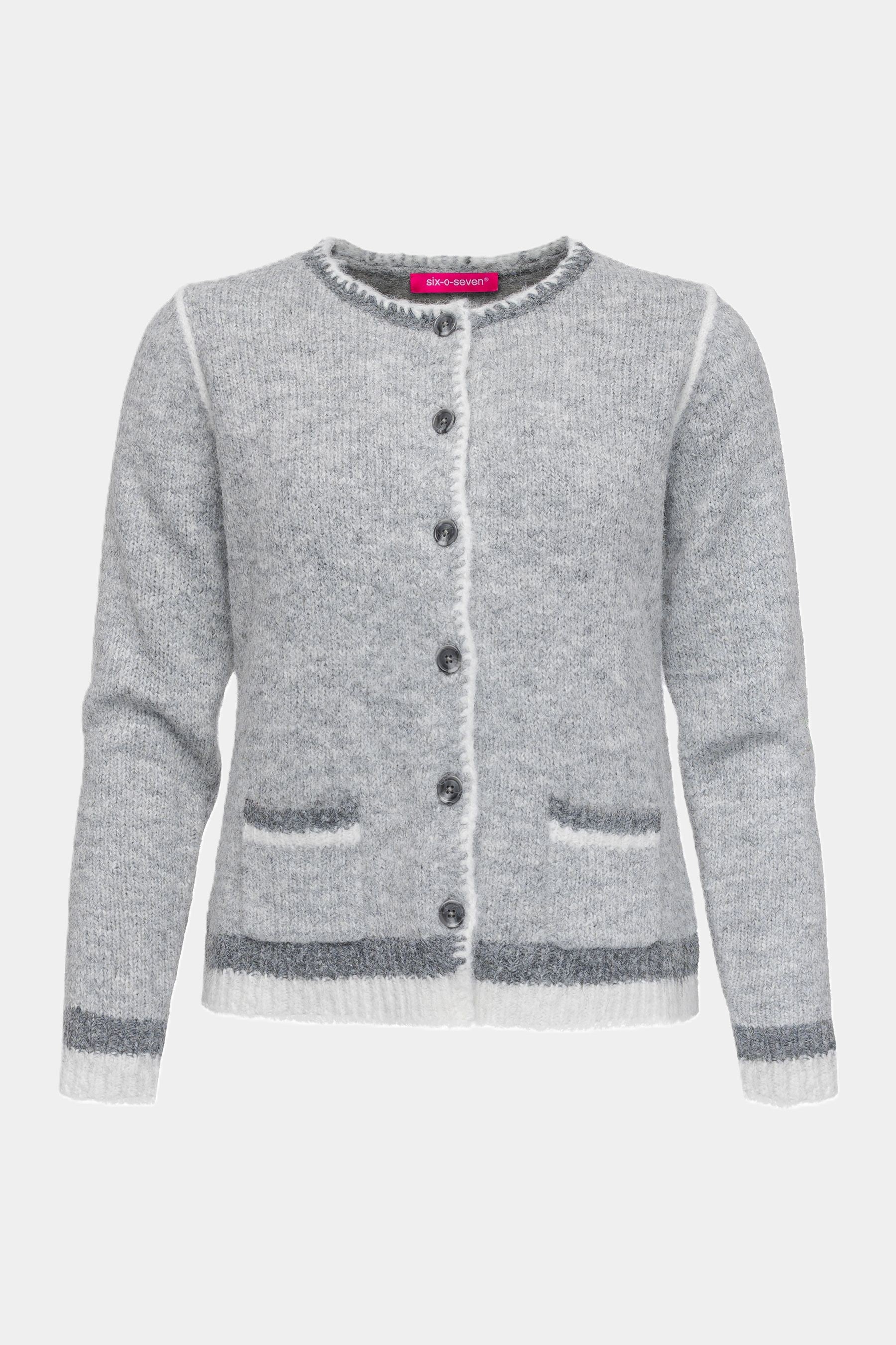 Six-o-Seven Wollstrickjacke mit herbstlichem Hirschmotiv in Light Grey